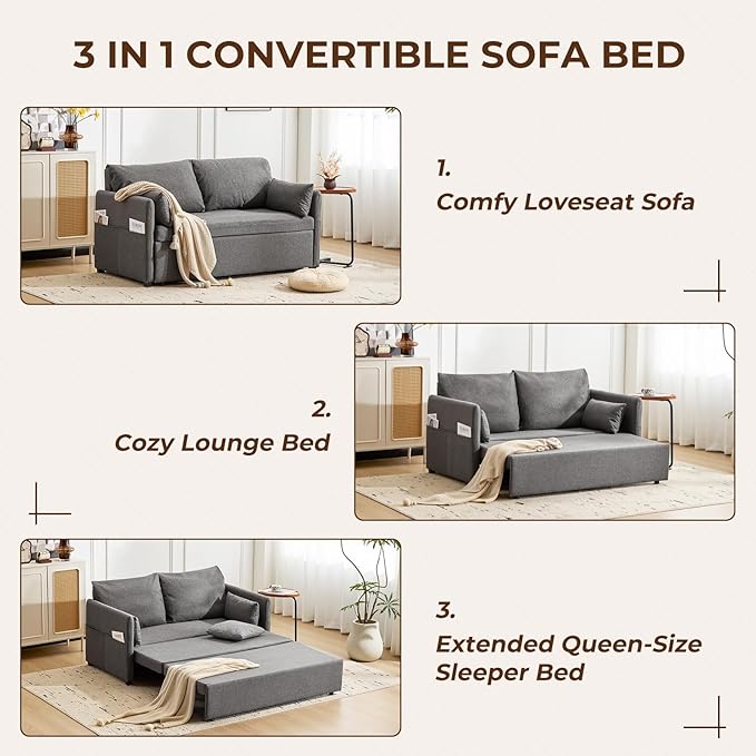 Furnimart 62" Queen Size Pull Out Sofa Bed, 3 in 1 Convertible Sleeper Bed - Image 4
