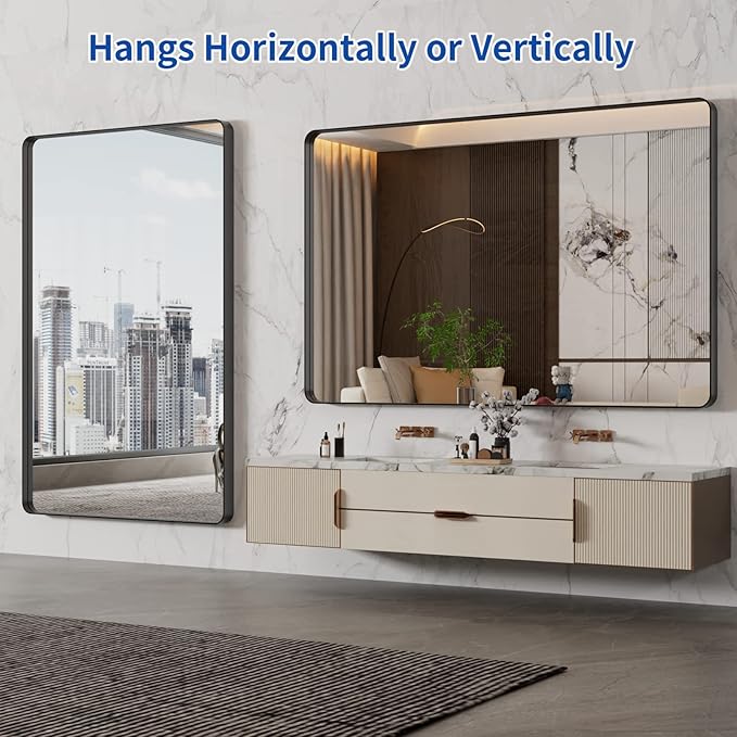 WEER 55X36 Inch Black Metal Framed Bathroom Mirror, Rounded Rectangular Matte - Image 5