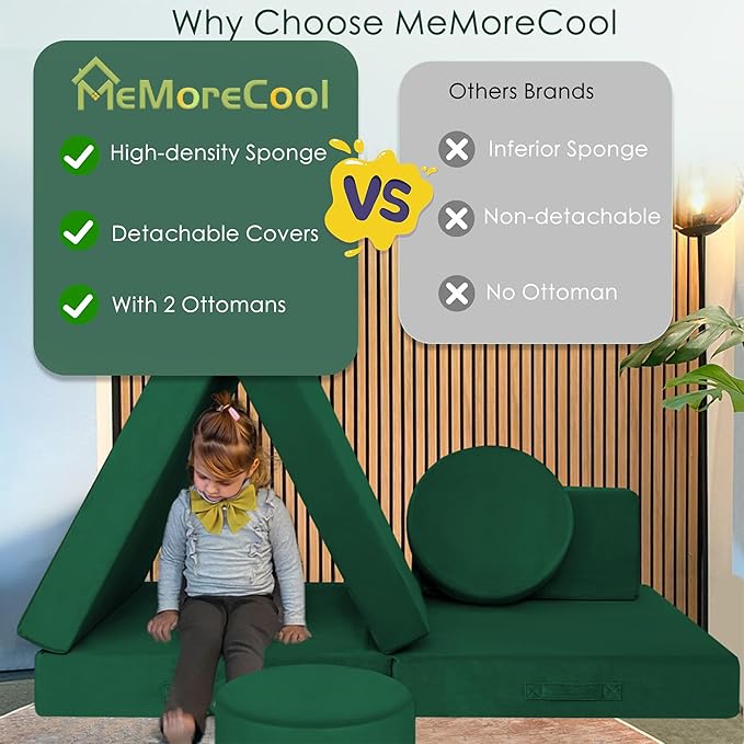 MeMoreCool 8-Piece Modular Kids Play Couch – Green Convertible Foam Toddler Sofa - Image 4