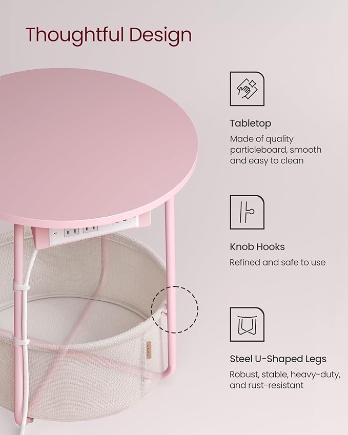 VASAGLE Side Table with Charging Station, Round End Table with Fabric Basket - Image 6