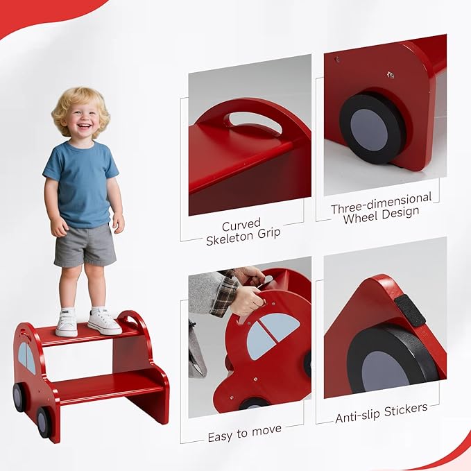 Wooden 2 Step Stool for Toddlers|Red Car Kids Stool - Image 4