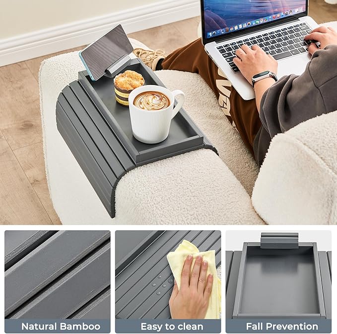 Bamboo Sofa Arm Tray, Anti Falling Couch Arm Tray Armrest Table - Image 5