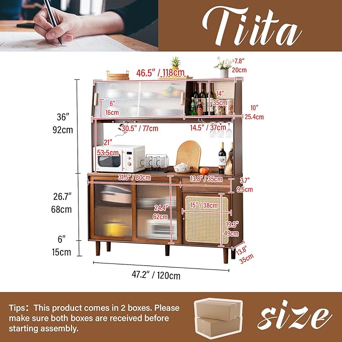 Tiita Kitchen Hutch with Countertop, 69” Rattan Solid Wood Pantry Cabinet with - Image 2