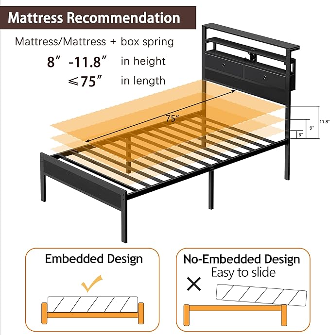 Furnulem Twin Bed Frames with Charging Station and LED Lights, Wood Headboard - Image 8