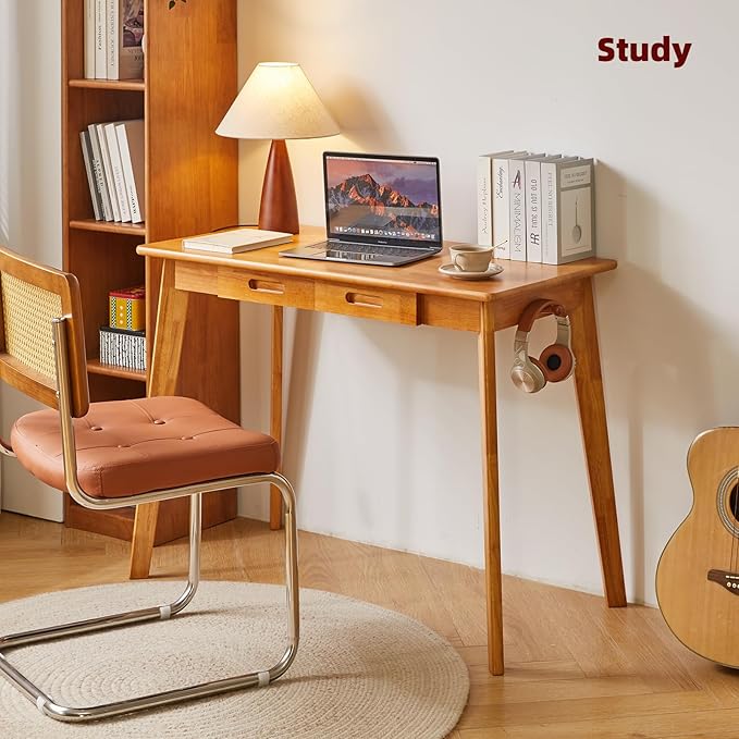 Wood Writing Desk with Drawer and Hanging Rod, Small Computer Desk Table - Image 2
