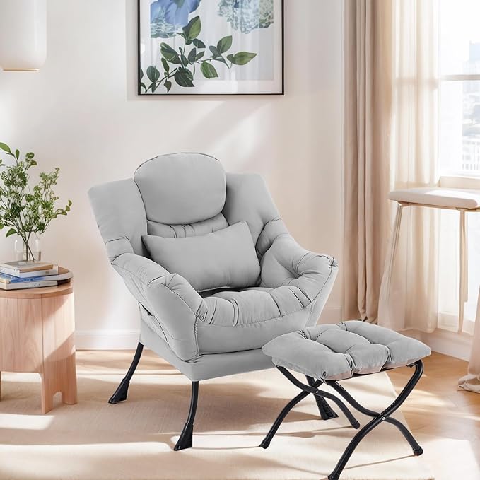 Lazy Chair with Ottoman, Modern Lounge Chair with Lumbar Pillow, Accent Cozy - Image 4