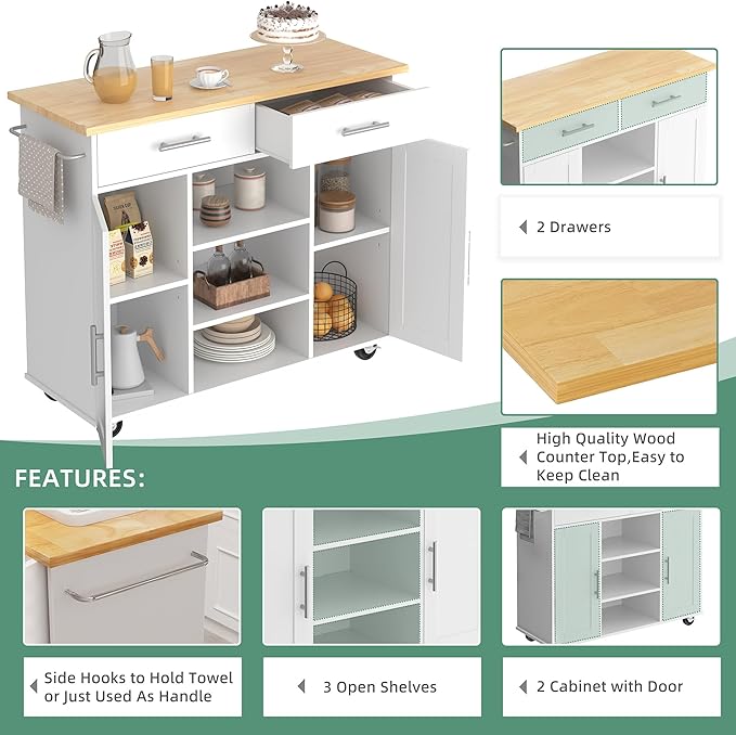 Shintenchi Kitchen Island with Storage, Kitchen Island Cart on Wheels with 3 - Image 5