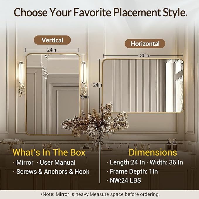 ANDY STAR 24x36 Rectangle Bathroom Mirror, Brushed Gold Stainless Steel Metal - Image 4