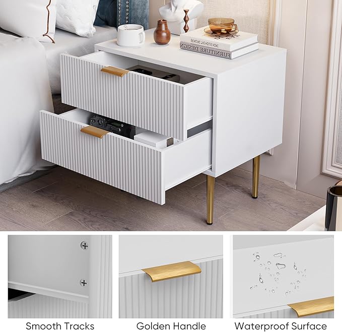 White Nightstand for Bedroom, Fluted Night Stand Set of 2, Mid Century Modern - Image 3