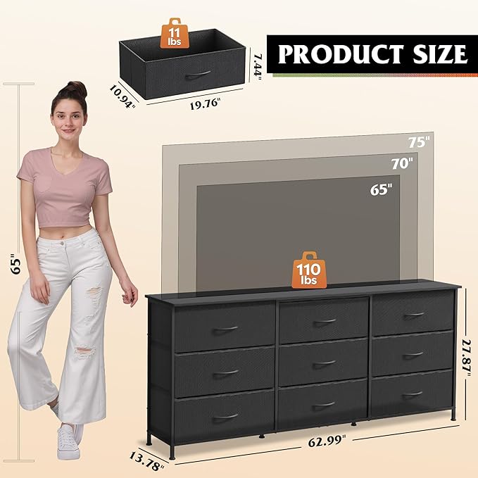 WLIVE 63''W Dresser for Bedroom, 75 inch TV, Wide Chest of Drawers - Image 3