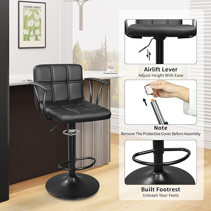 Bar Stools Set of 2, Armrest Adjustable Swivel Barstools - Image 5