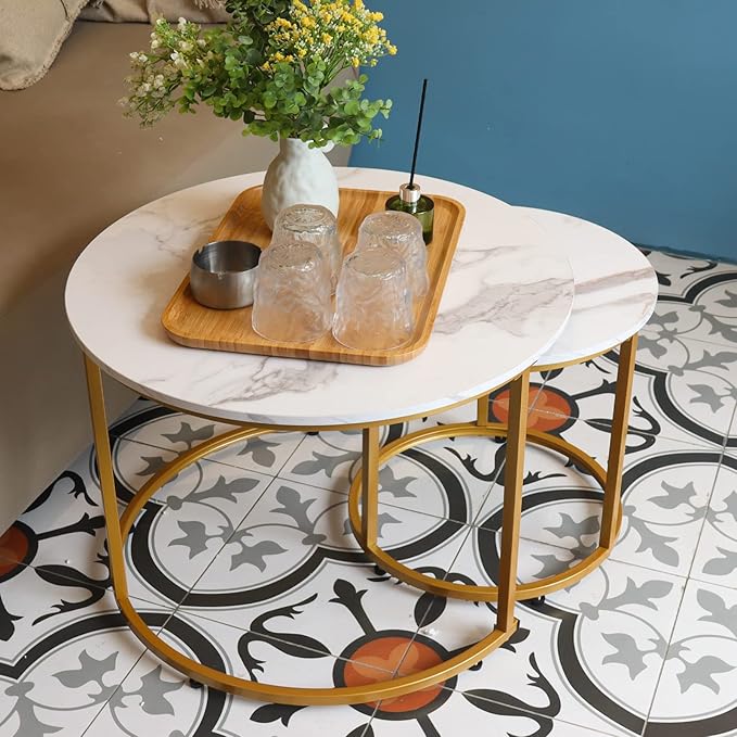 aboxoo Coffee Table Nesting White Set of 2 Side Set Golden Frame Circular Round - Image 6