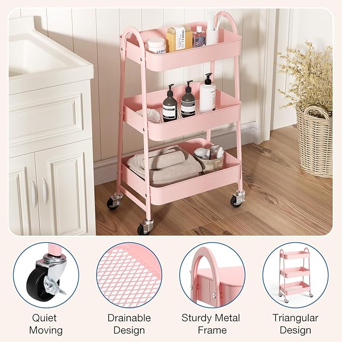 OLIXIS 3 Tier Utility Rolling Cart, Metal Mobile Storage Shelf - Image 2