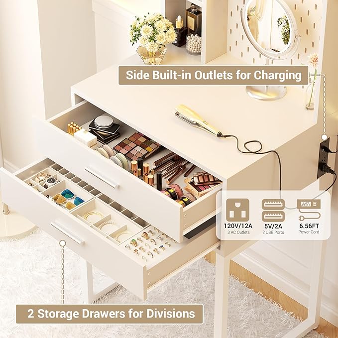 Small Vanity Desk with Hutch and Drawers, Vanity Table Dressing Table with LED - Image 4