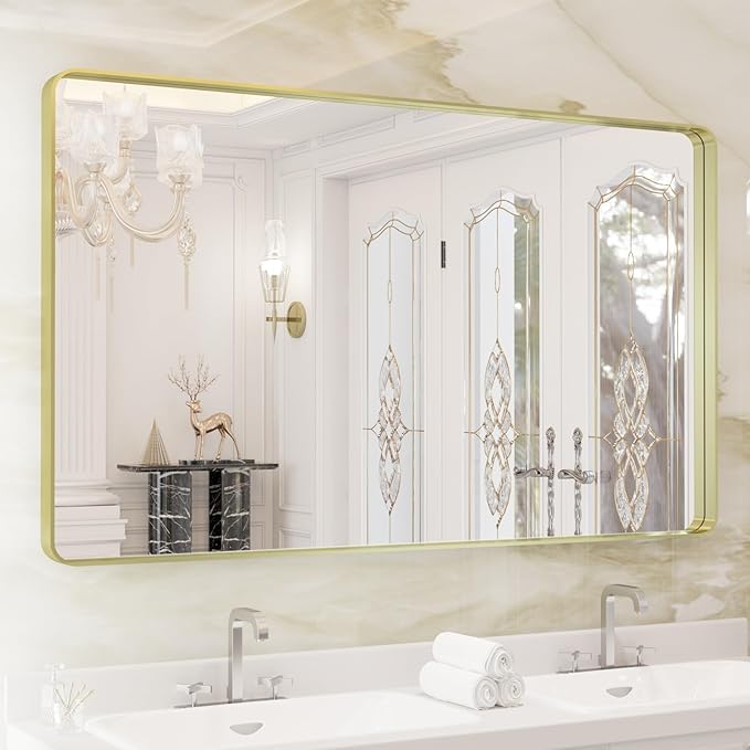 WEER Gold Bathroom Mirror, 50X30 Inch Brushed Gold Metal Frame Mirror, Rounded by WEER