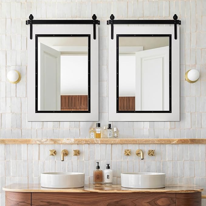 YOSHOOT Farmhouse Barn Door Mirror, Wood Frame Wall Mirror, Wooden Mirror - Image 2