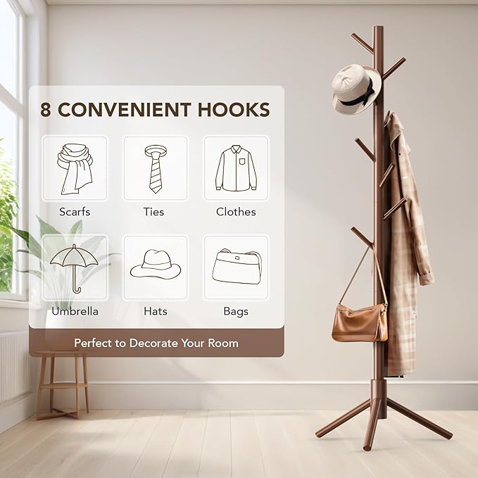 Wooden Tree Coat Rack Stand, Sturdy Freestanding Coat Rack - Image 6
