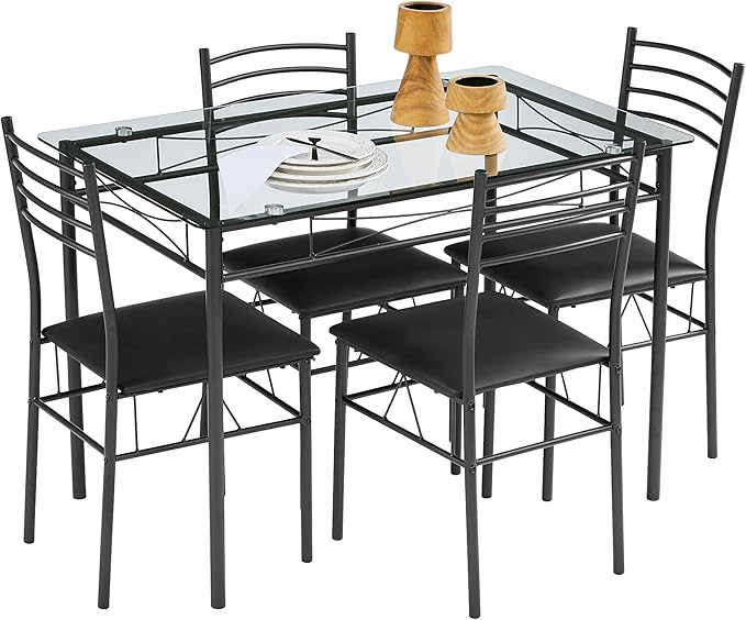 VECELO 5-Piece Kitchen Dining Table Set, Glasses Tabletop & Heavy-Duty Metel by VECELO