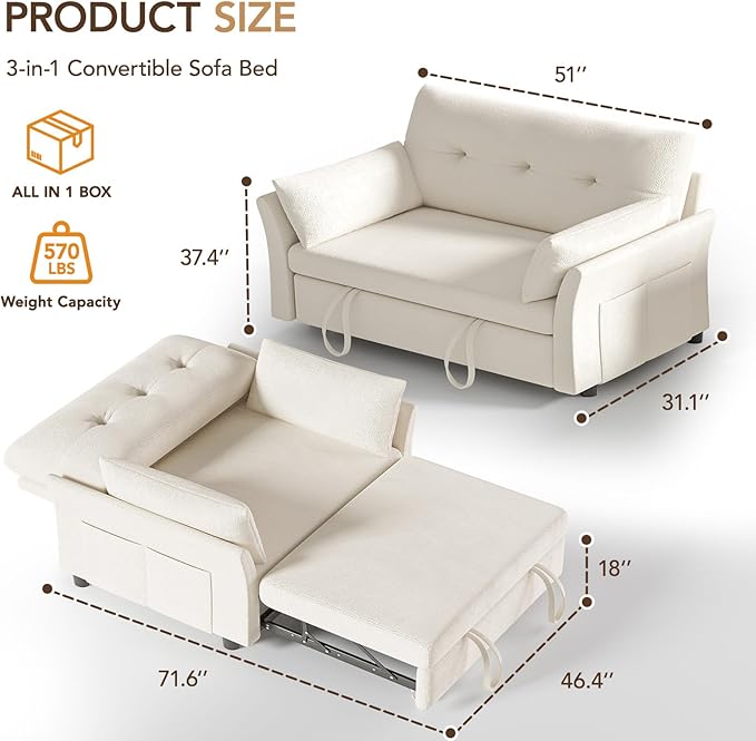 Vipbear 3-in-1 Chenille Convertible Sofa Bed, Pull Out Sleeper Sofa - Image 2