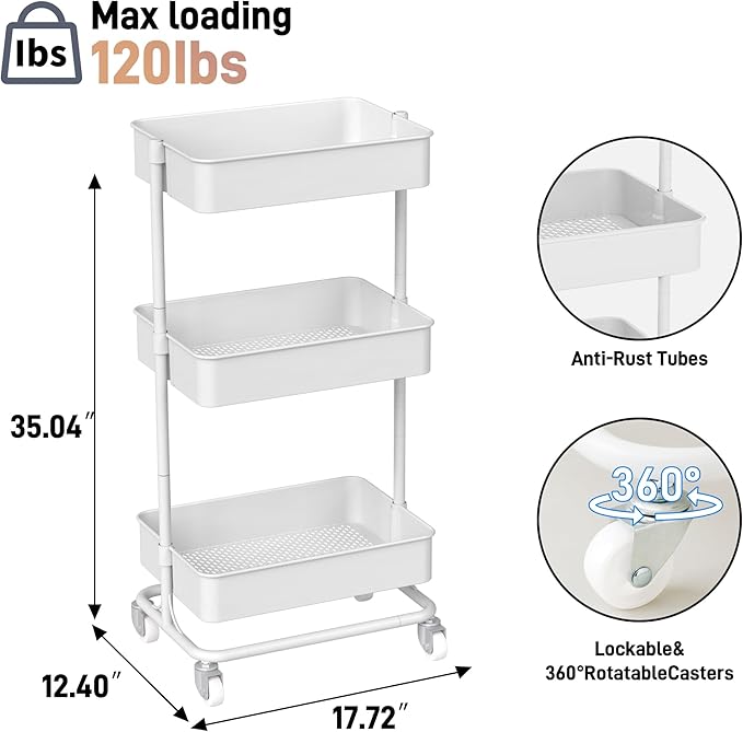 TECBOT 3 Tier Metal Rolling Cart - Image 2