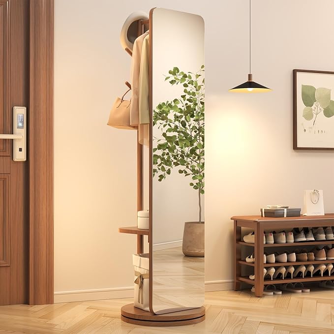 70"x16"Full Length Mirror with Stand, Coat Rack with Mirror, Solid Wood Floor by Unknown