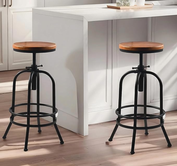 Diwhy Industrial Bar Stool-26-32 Inch Adjustable Swivel Metal Wood Seat Stool - Image 3