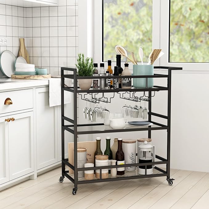 Black Metal Bar Carts with 3 Tier Glass Shelves, Rolling Serving Bar Cart with by LORMITER