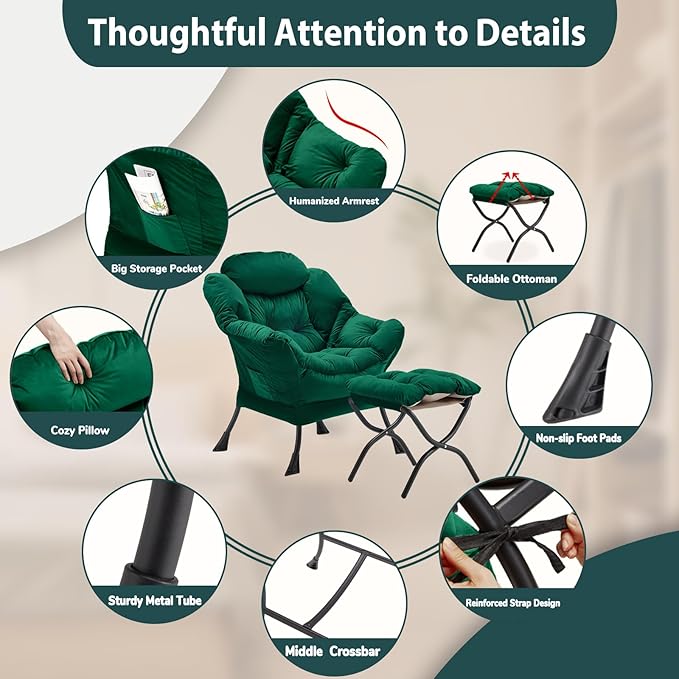 Lazy Chair with Folding Ottoman, Accent Chair Velvet Upholstered with Metal - Image 6
