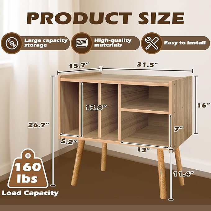 Record Player Stand with Vinyl Storage, Wooden Record Player Table with 5 - Image 2
