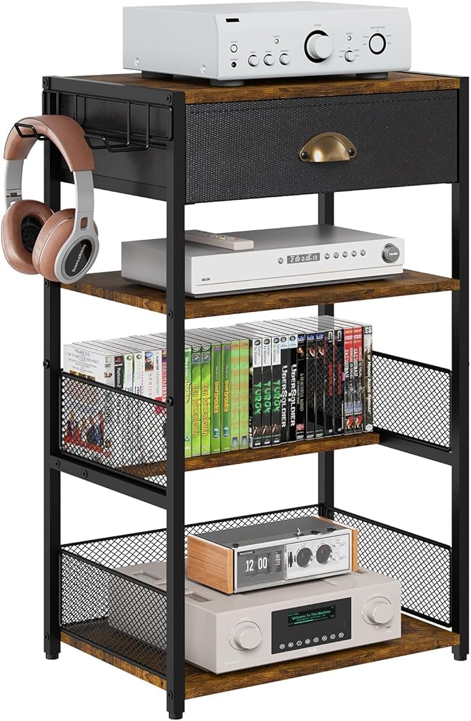 4-Tier AV Media Stand with Drawer, Video Game Console Shelf with 2 Hooks - Image 9