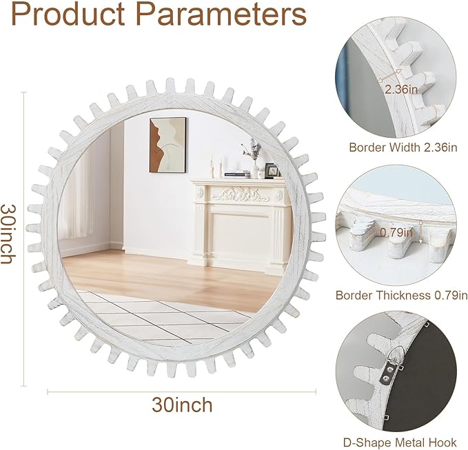 ULIKE Round Wood Mirror, 30 Inch Rustic Farmhouse Circle Mirror - Image 5
