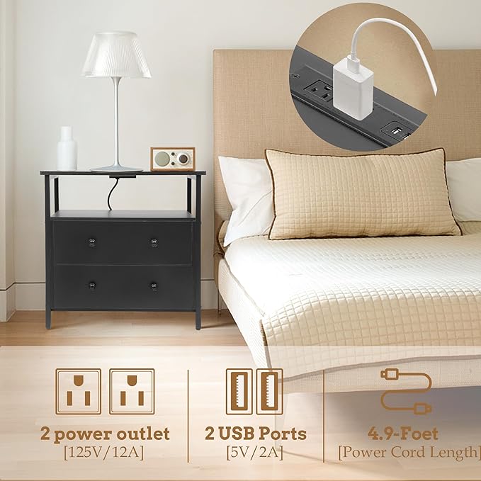27 inch Wide Nightstand with Charging Station, Bedside Table with Open Shelf - Image 5