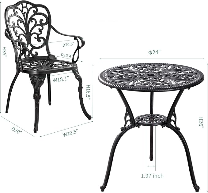 Bistro Set 3 Piece Outdoor, Bistro Table and Chairs Set of 2, All Weather Patio - Image 6