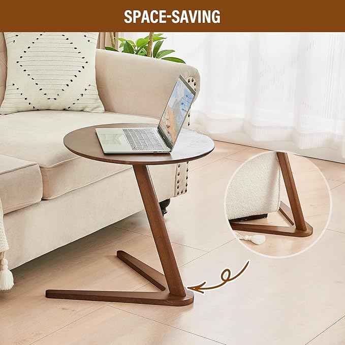 CozyDH Round End Table, Solid Wood C Shape Round Side Table, Walnut Coffee - Image 3