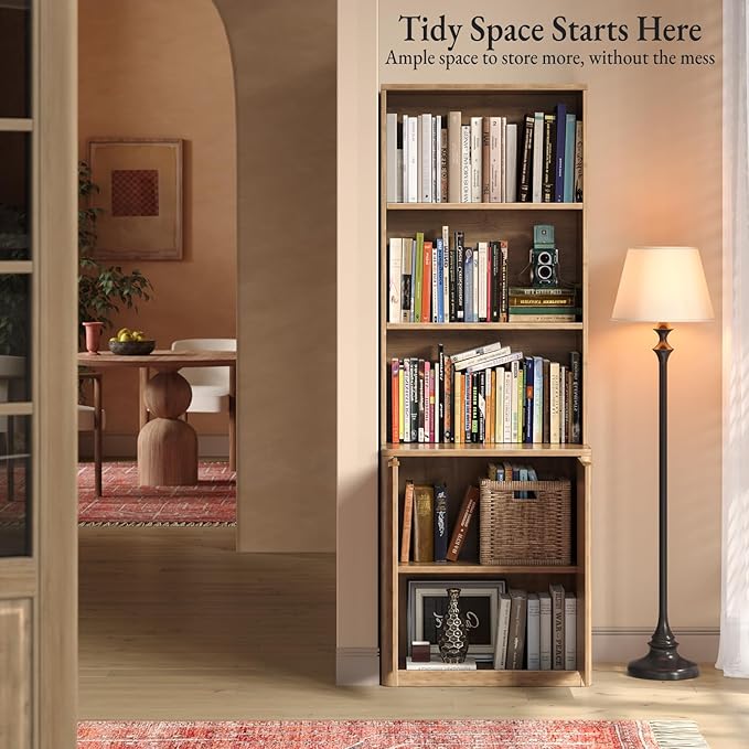 71" Oak Bookcase with Doors, 5-Tier Fluted Tall Bookshelf with Storage - Image 6