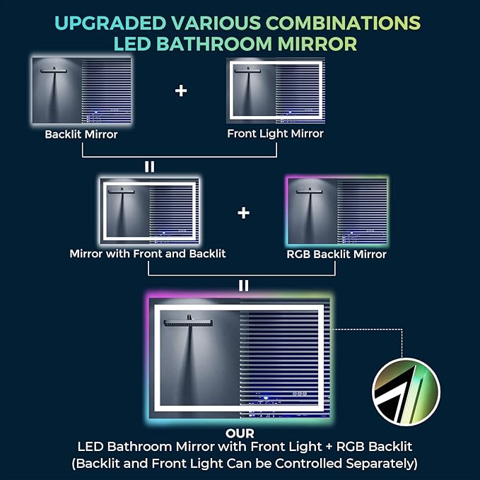 48x32 Inch RGB LED Bathroom Mirror Front Light and RGB Backlit Lighted Vanity - Image 8