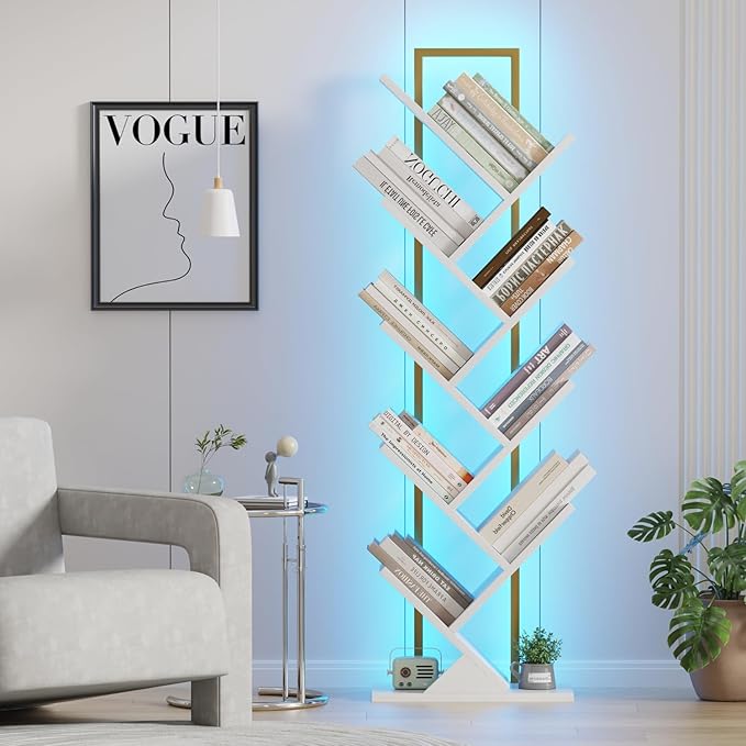 Tree Book Shelf with LED Lights, 9 Tier Floor Standing Bookcase, Classical by Qupui