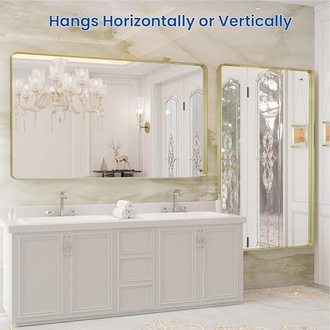 WEER Gold Bathroom Mirror, 50X30 Inch Brushed Gold Metal Frame Mirror, Rounded - Image 5