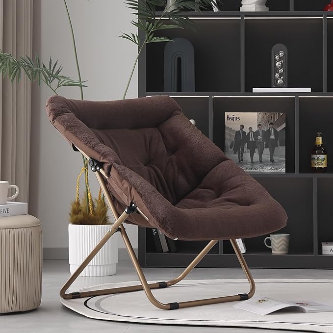 Saucer Chair, Comfy Bedroom Chairs, Oversized Folding Faux Fur Chair, Foldable - Image 6