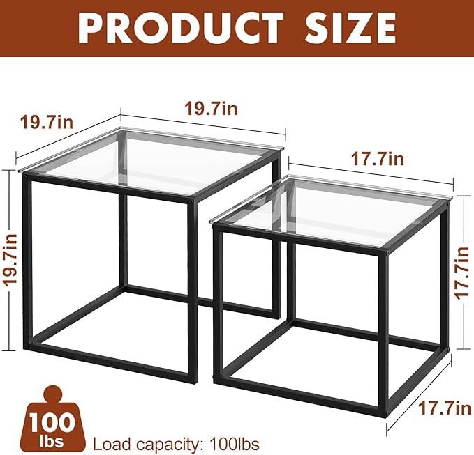 Garden 4 you Coffee Table Set of 2, Modern Glass Nesting Table, Metal Frame - Image 2