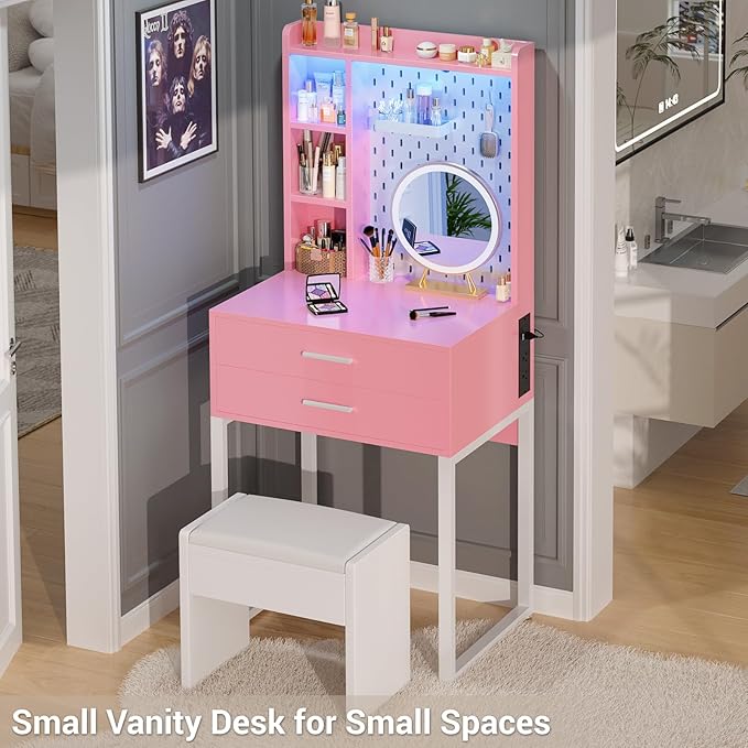 Small Vanity Desk with Hutch and Drawers, Vanity Table Dressing Table with LED - Image 7