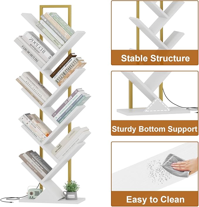 Tree Book Shelf with LED Lights, 9 Tier Floor Standing Bookcase, Classical - Image 3