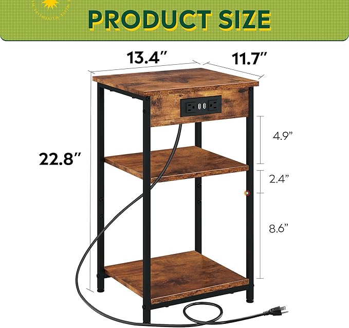 WLIVE End Table with Charging Station, Small Night Stand with 3 Storage Shelves - Image 3