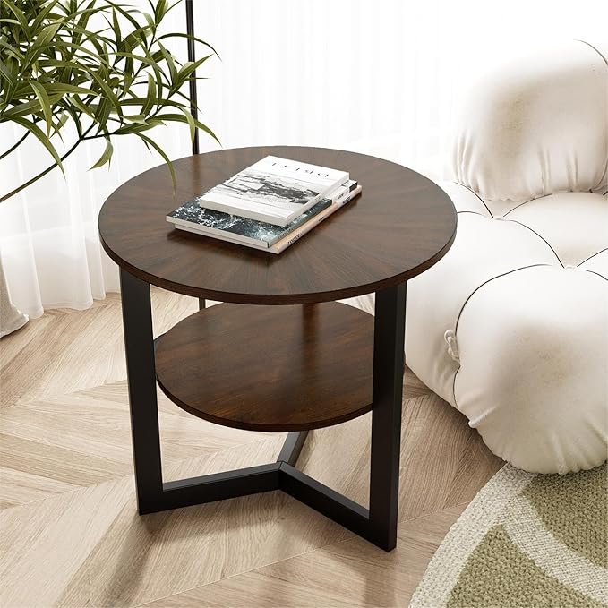 LEEMTORIG Round Side Table, Large 2-Tier End Table Nightstand by LEEMTORIG