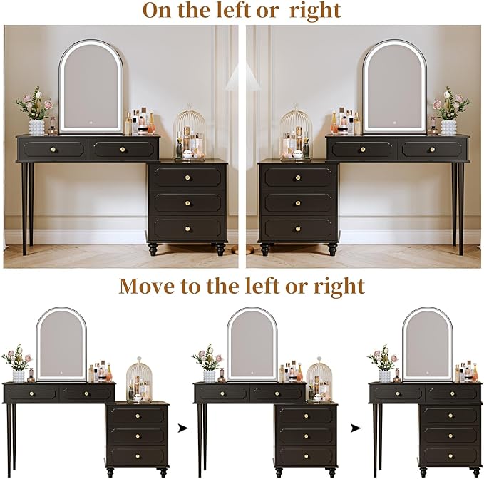 Black, Vanity Desk with Mirror and Lights, Makeup Vanity with Power Outlet and - Image 4