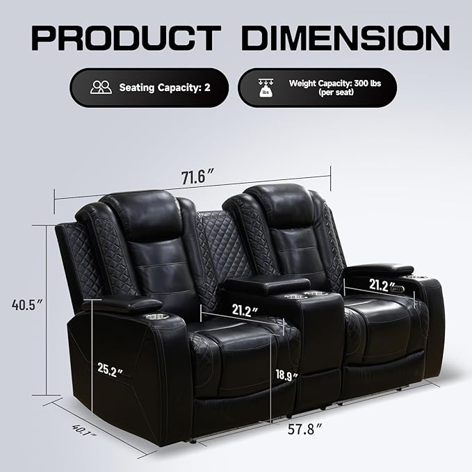 PU Leather Power Wall Hugger Chair Double Reclining Sectional Sofa 2-Seater - Image 2