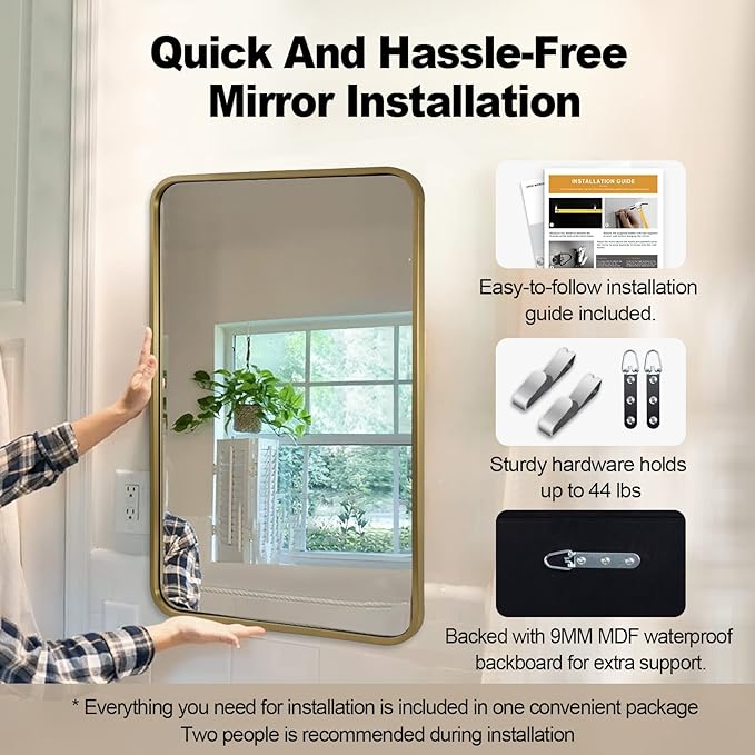 ANDY STAR Brass Mirror Bathroom, 22x30’’ Rounded Rectangle Mirror, Brushed Gold - Image 7