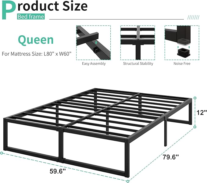 12 Inch Bed Frame Queen Size Heavy Duty Steel Slat Support Metal Platform Queen - Image 2