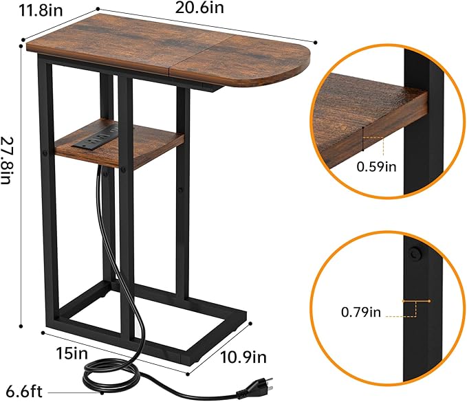 C Shaped End Table with Charging Station, Side Table - Image 3