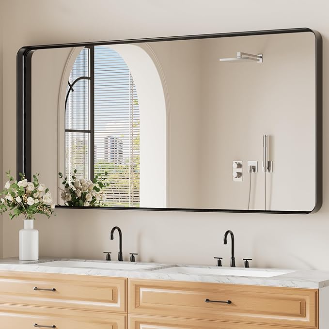 Koonmi Black Bathroom Mirror for Wall, 30x60 Inch Matte Metal Deep Framed by KOONMI